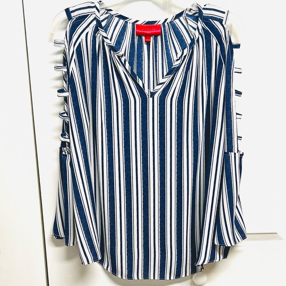 Jennifer Lopez Navy and White Striped Cold-Shoulder Blouse Size L